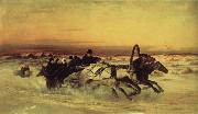 unknow artist, Oil undated a Wintertroika in the gallop in sunset